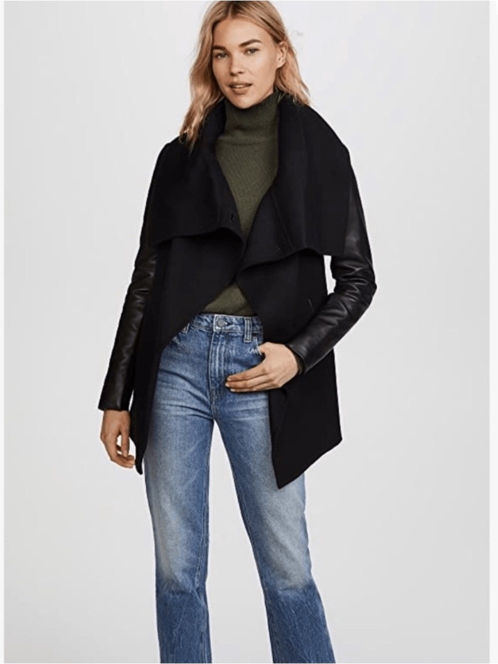 Mackage Vane Black Wool Leather Sleeve Draped Coat Jacket Size M
